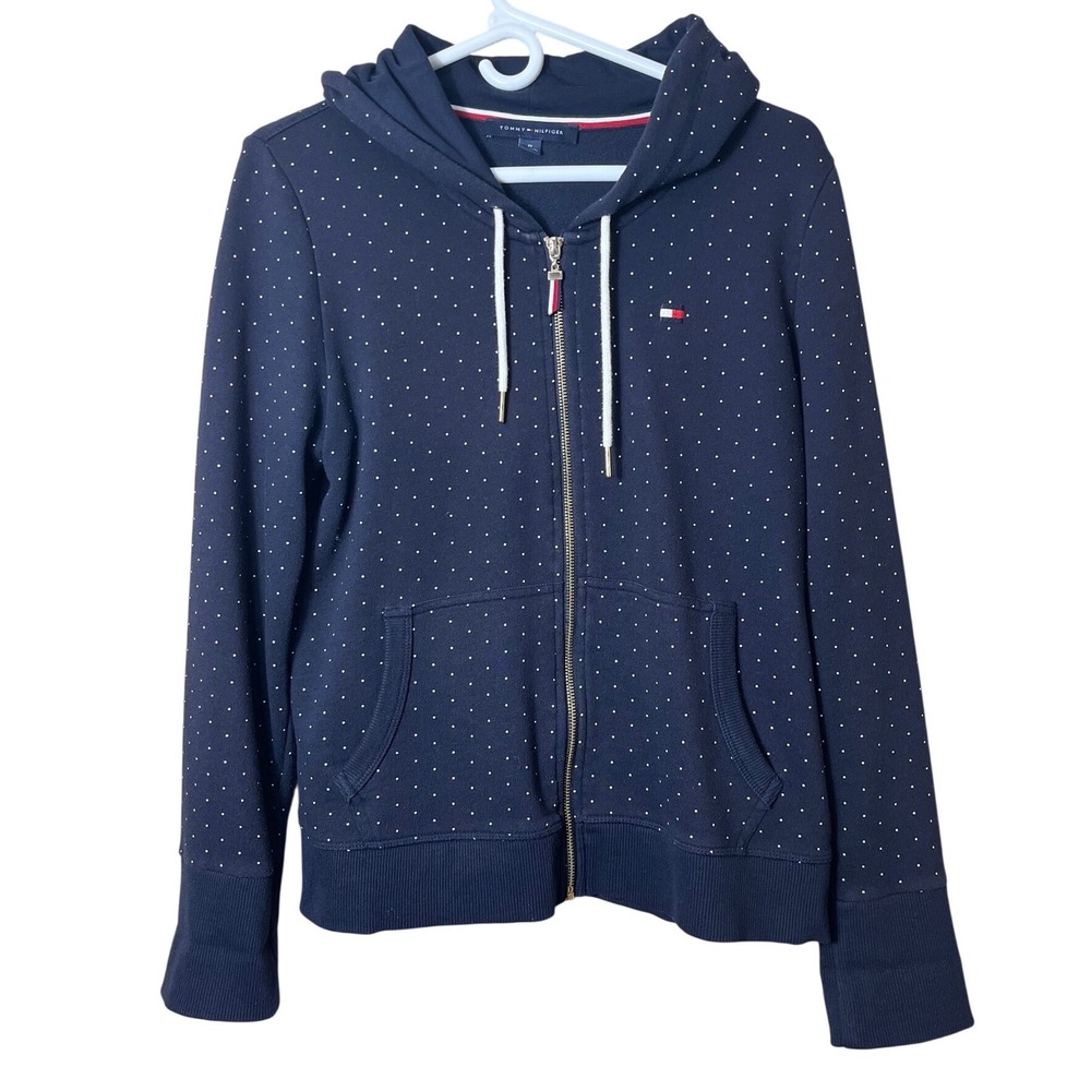 Tommy Hilfiger Hoodie Medium Navy Polka Dot Gold Zip Old Money Coastal Preppy